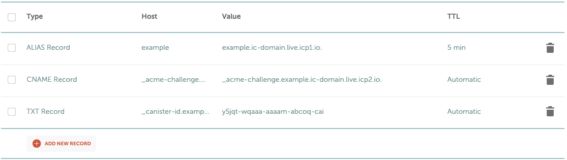 DNS Configuration for `example.ic-domain.live` on Namecheap