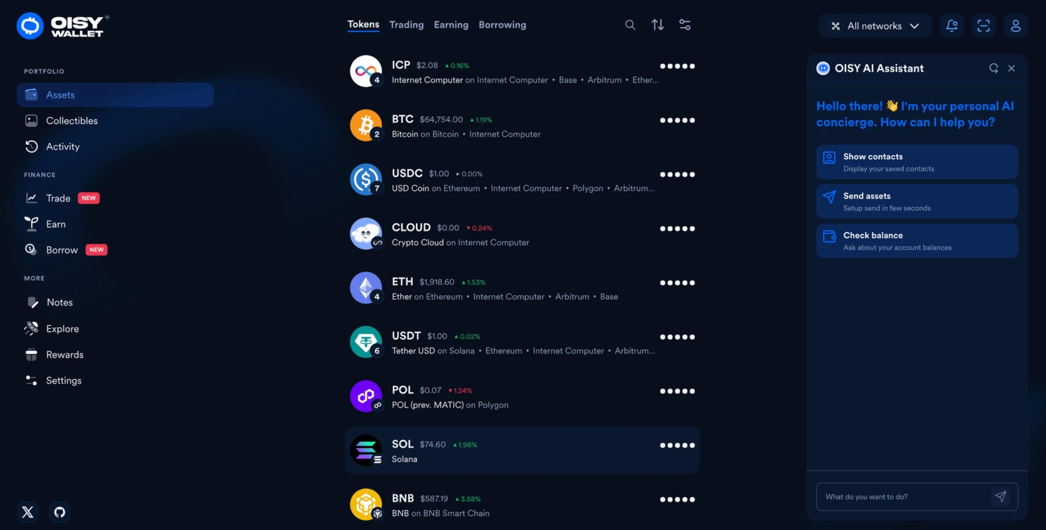 The OISY interface with balances hidden behind dots, the AI assistant panel open on the right, and assets listed across Bitcoin, Ethereum, Solana, Polygon, BNB Smart Chain, and the Internet Computer.