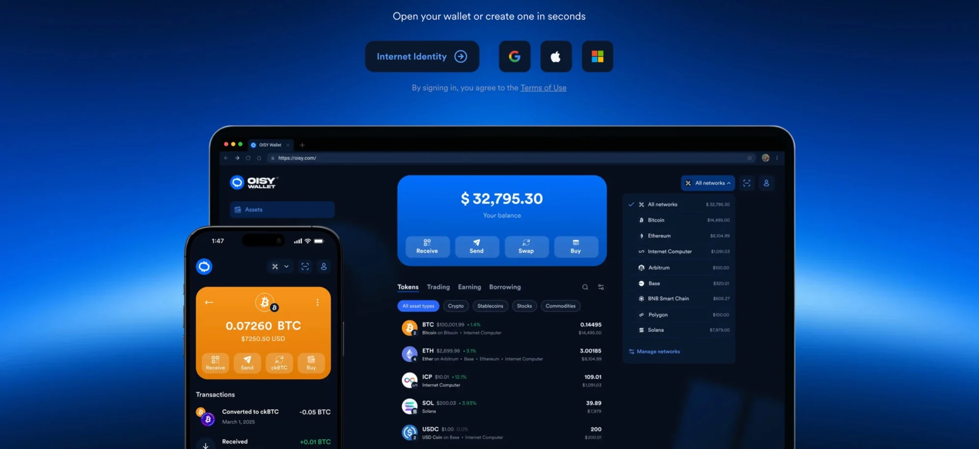 Signing in to OISY with Internet Identity, Google, Apple, or Microsoft, and the wallet open in a browser and on a phone showing balances across Bitcoin, Ethereum, Internet Computer, Solana, and other networks.
