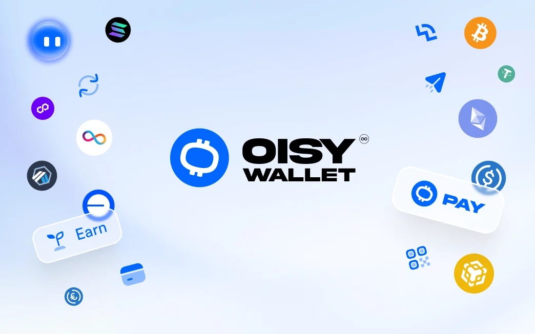 OISY Wallet surrounded by multichain asset logos and Pay and Earn features.