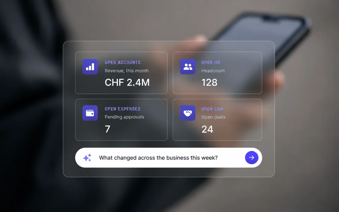 OpenSaaS dashboard showing Accounts, HR, Expenses and CRM with a shared business query.