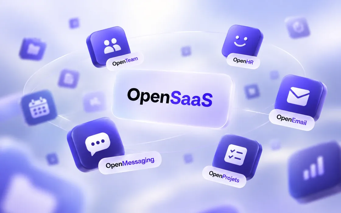 OpenSaaS surrounded by app icons for OpenTeam, OpenHR, OpenEmail, OpenMessaging, OpenProjets and more.