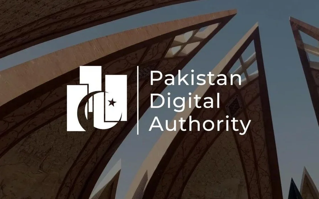 Pakistan Digital Authority logo over the Pakistan Monument in Islamabad.