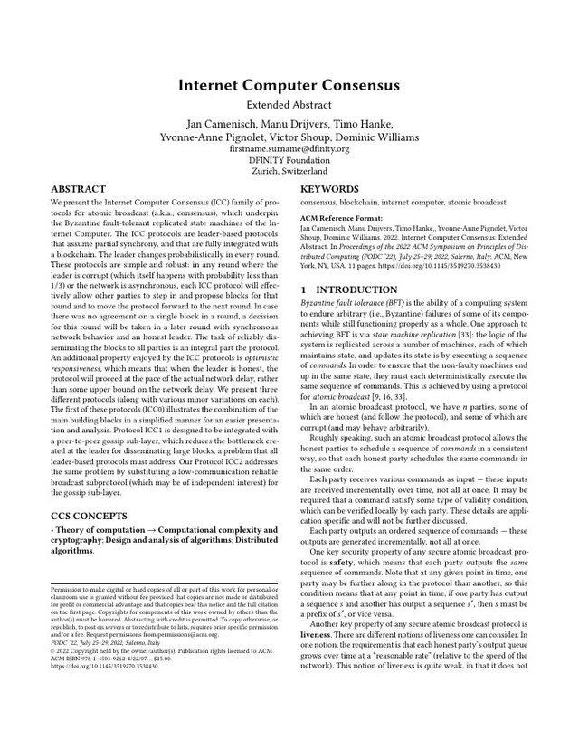 Internet Computer Consensus technical paper.